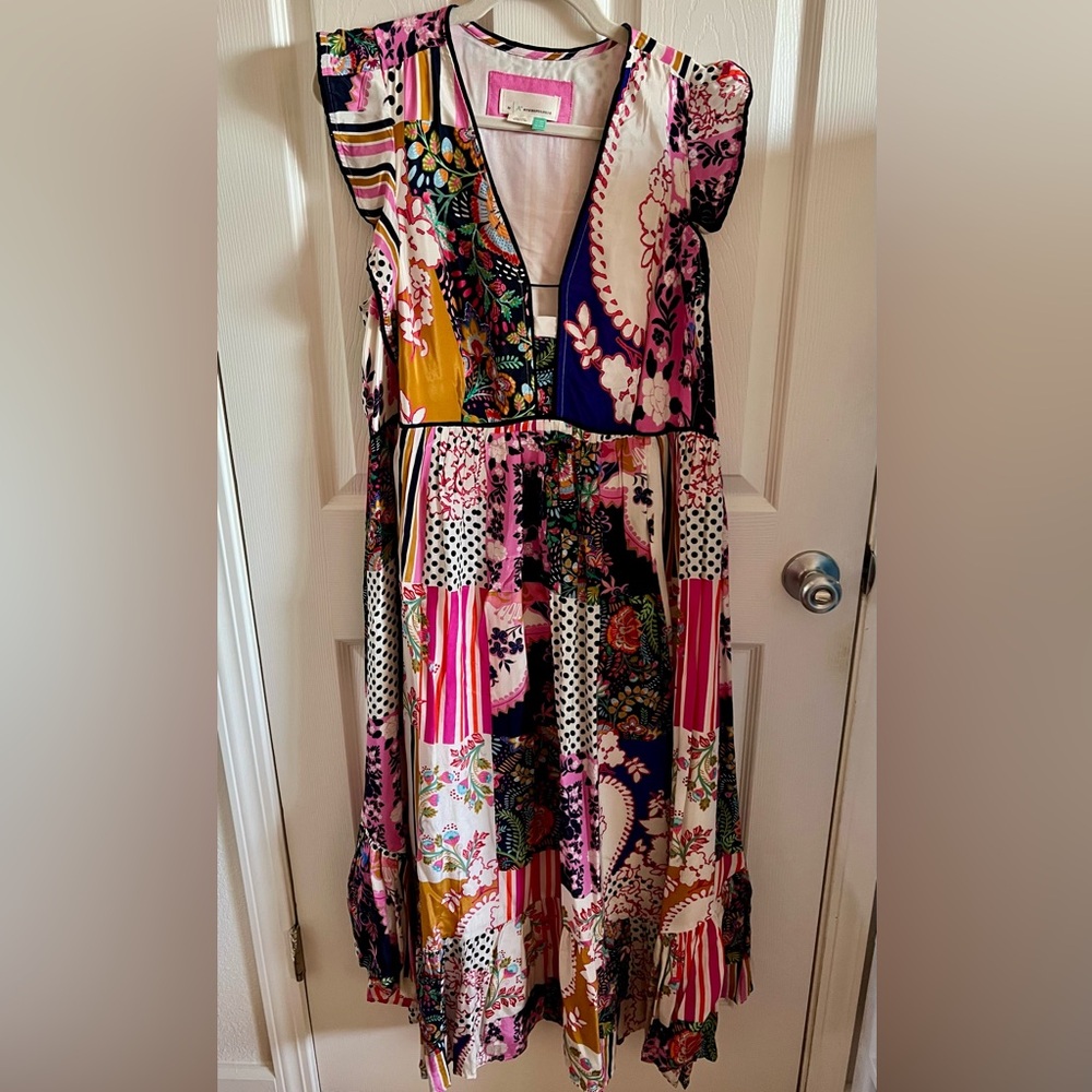Anthropologie Floral Patchwork Midi Dress in Pink, Purple, Mustard - Picture 2 of 5